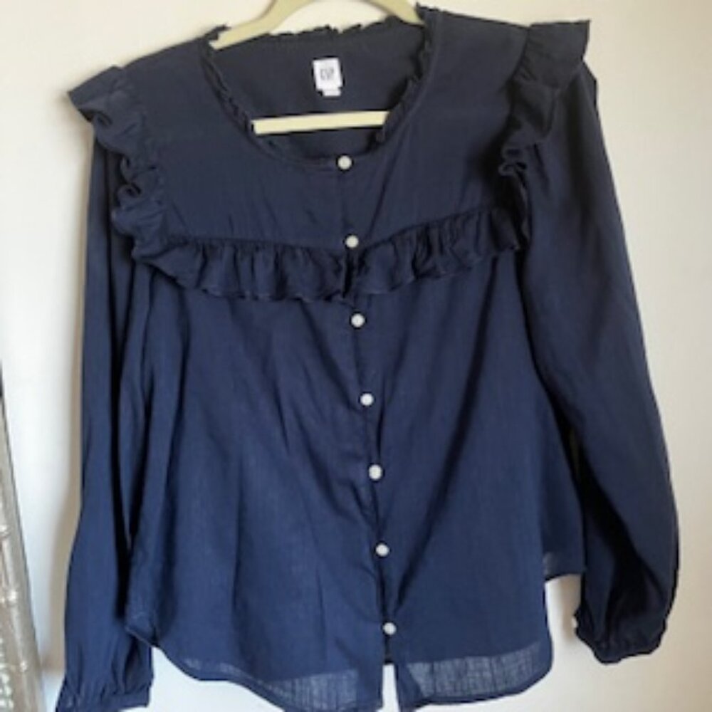 🧡3/15  GAP Navy Lightweight Ruffle Long Sleeve Blouse Women's M